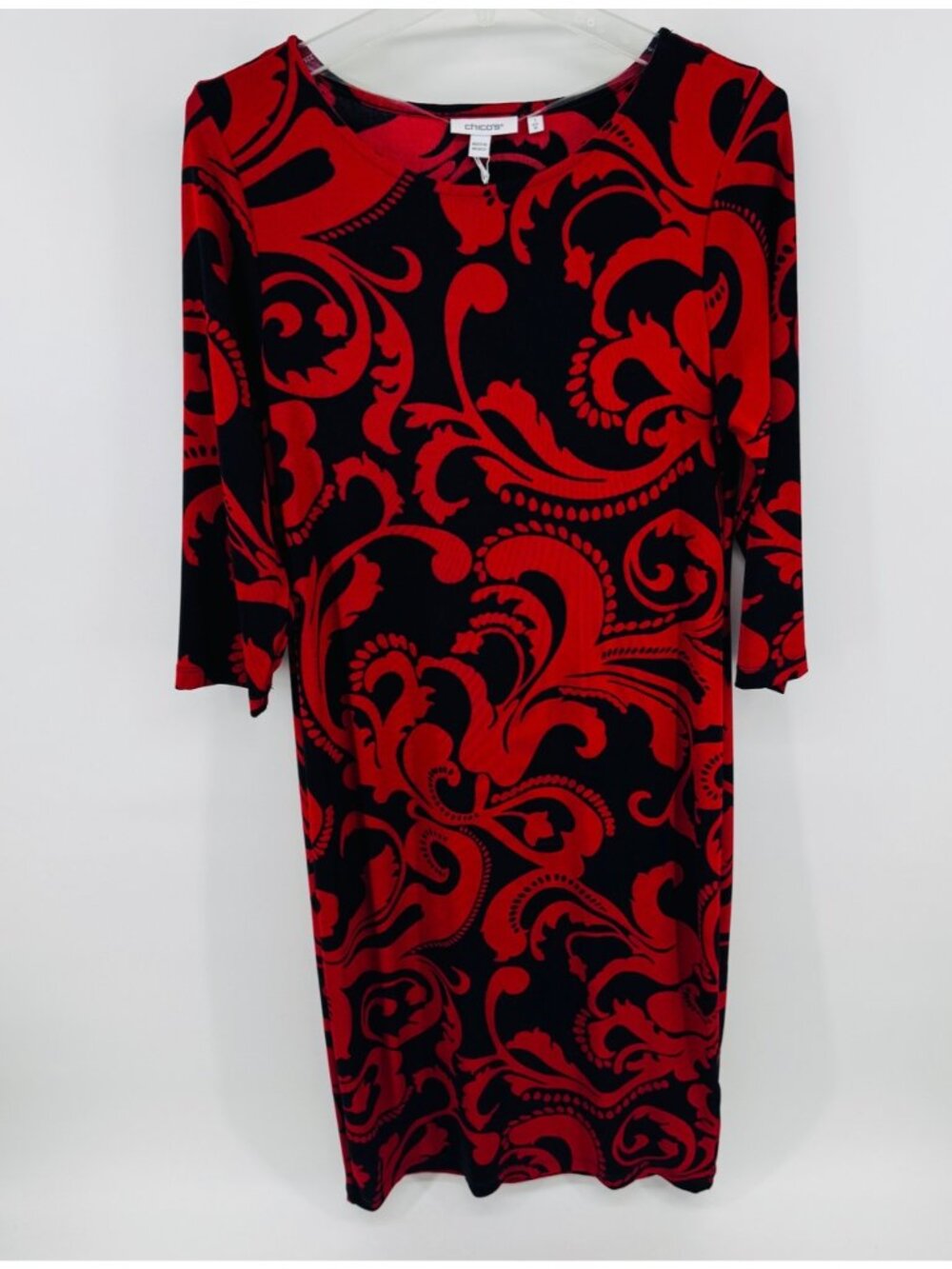 Chicos Travelers Scroll Classic Dress Red Allure Size 1 Black & Red NEW $109